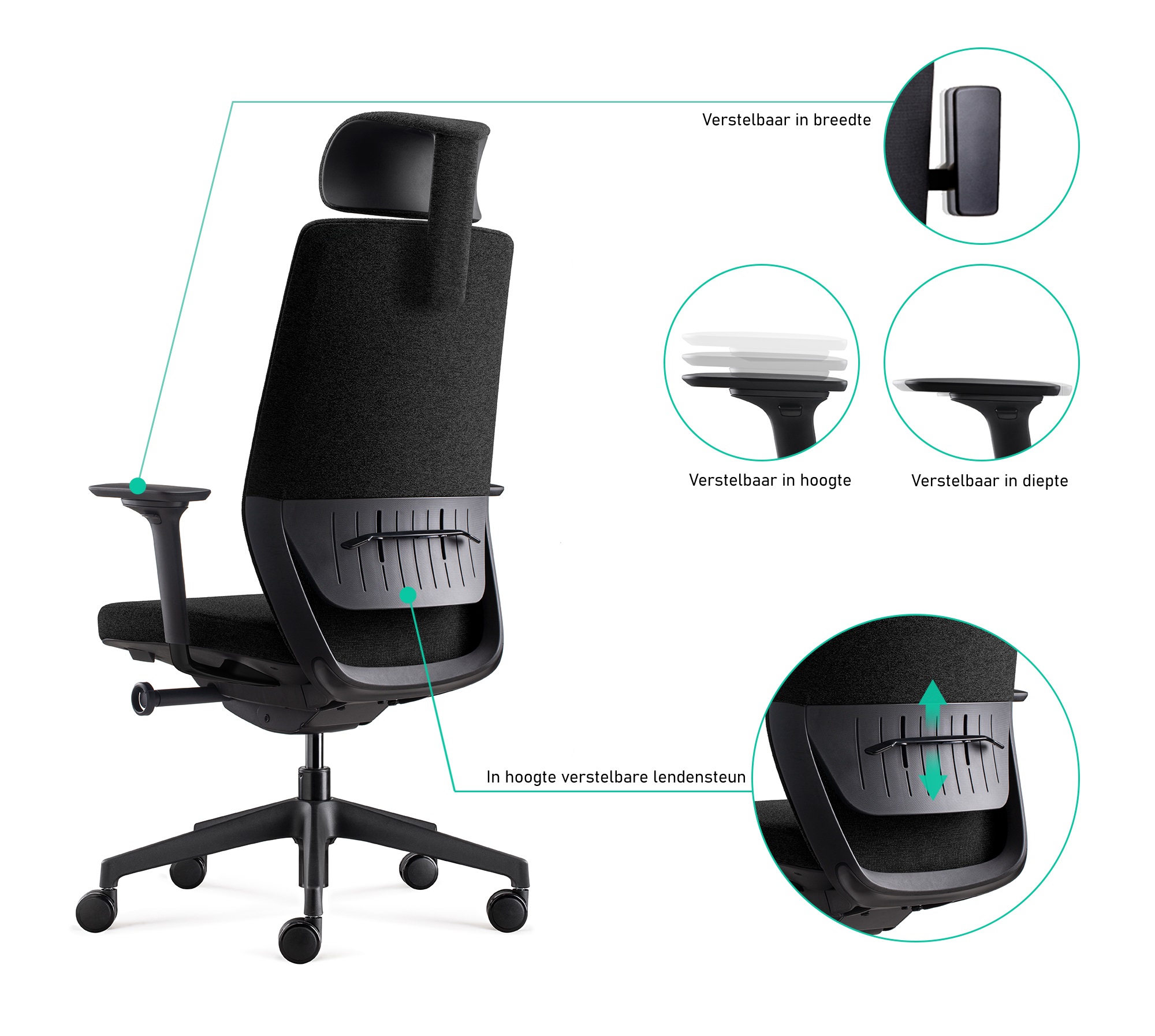 De armsteun en lendensteun is op maat aan te passen voor goede ergonomische ondersteuning